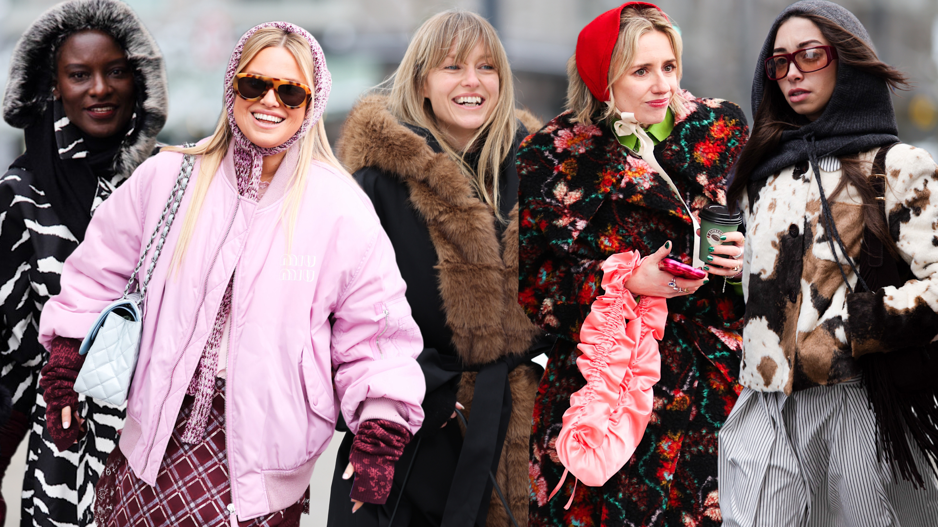 Guests at Copenhagen Fashion Week wearing colorful winter coats in street style