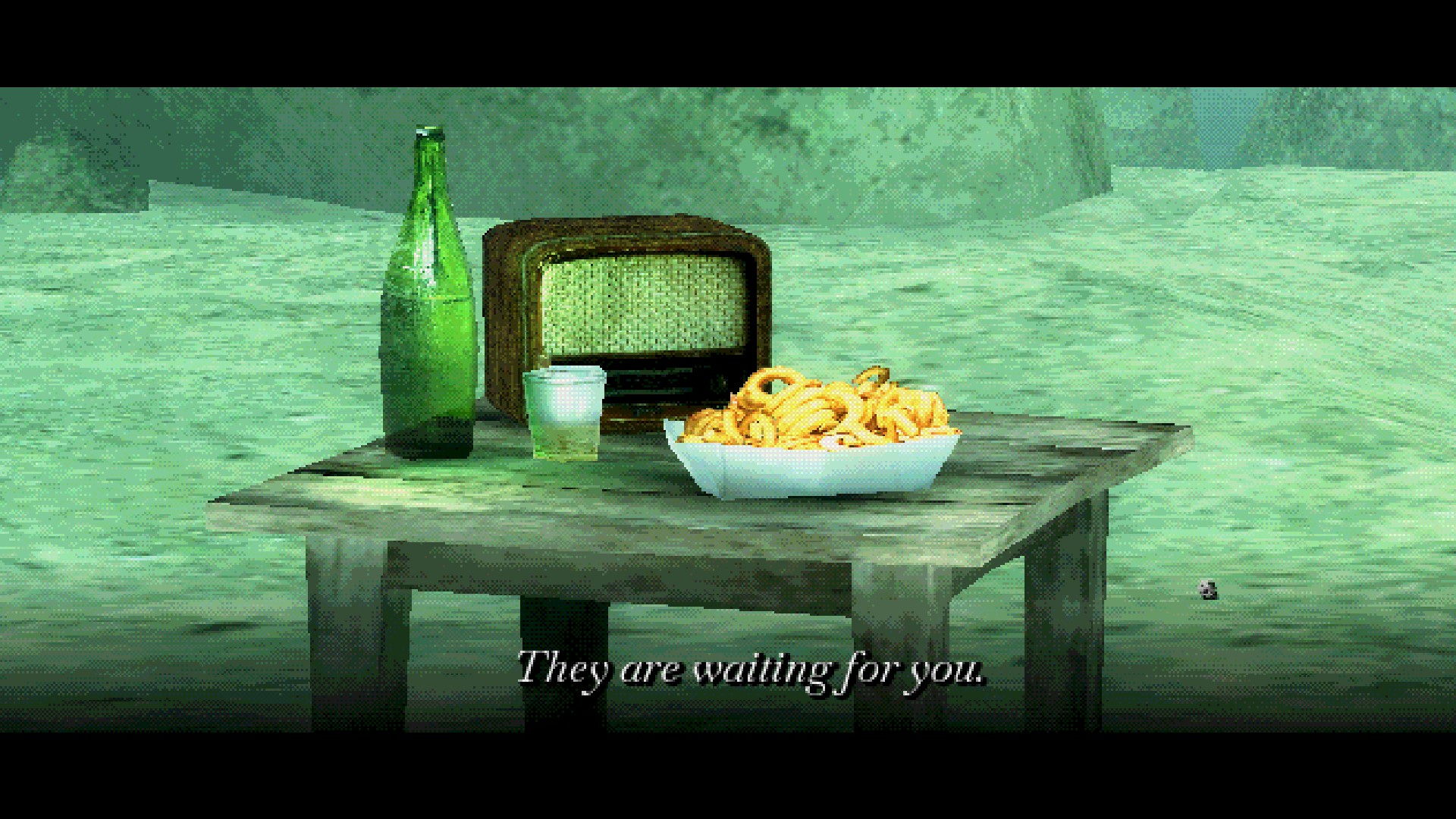 A tray of curly fries sits next to a radio and a beer in About Fishing.