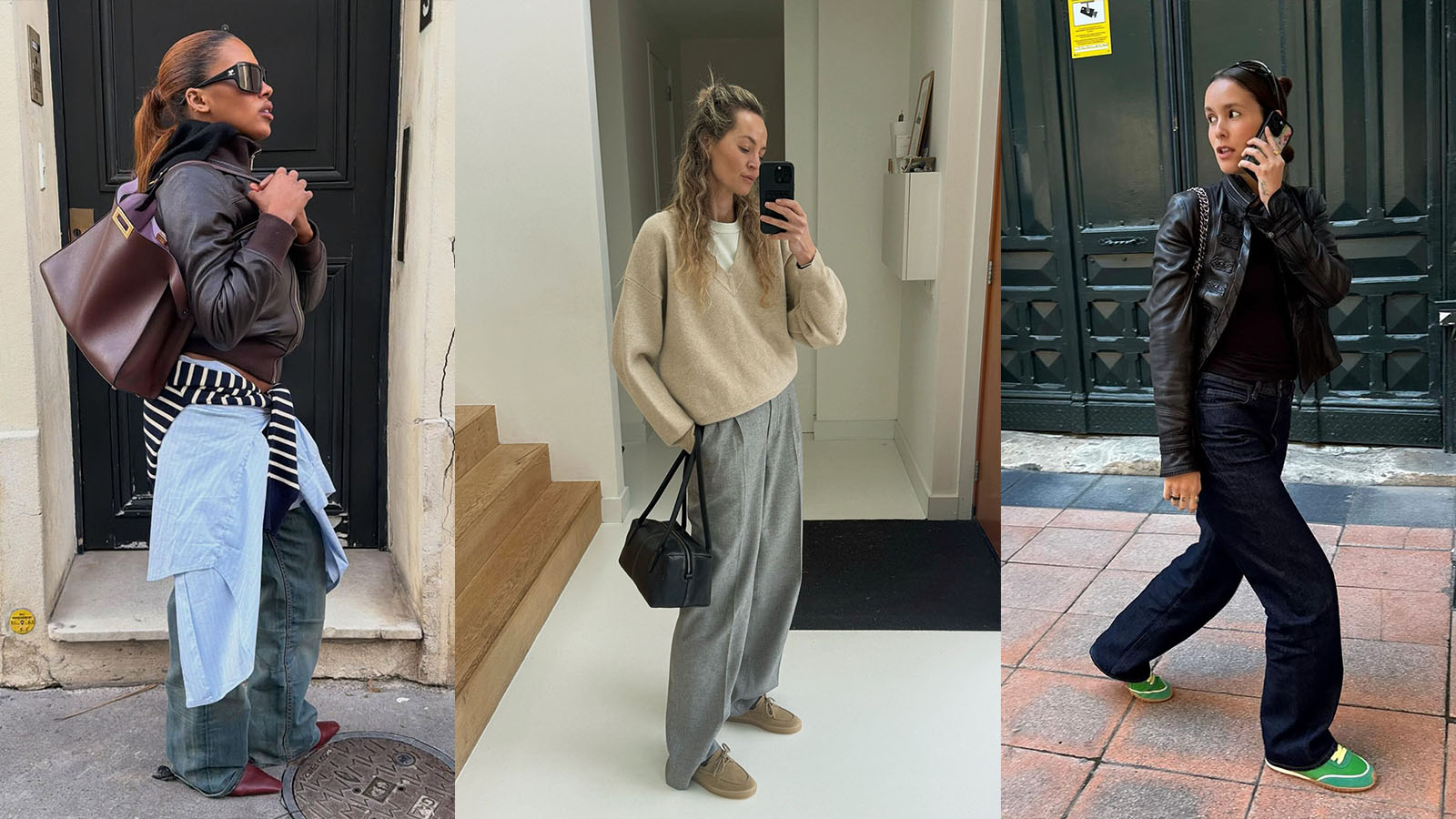 Collage of women wearing early fall layered outfits.