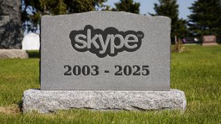 A tombstone etched with the Skype logo and the dates 2003 - 2025.