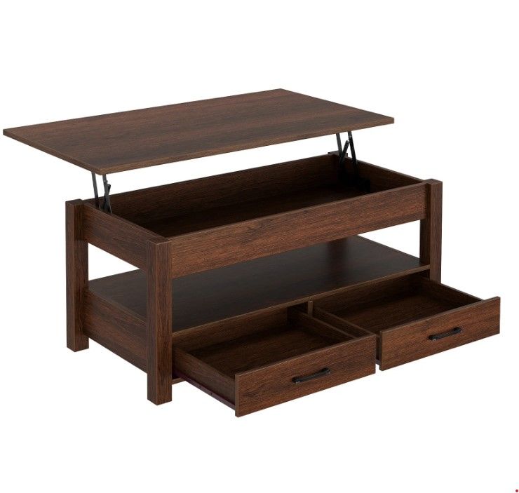 Meja kopi kayu dengan bagian atas yang terangkat