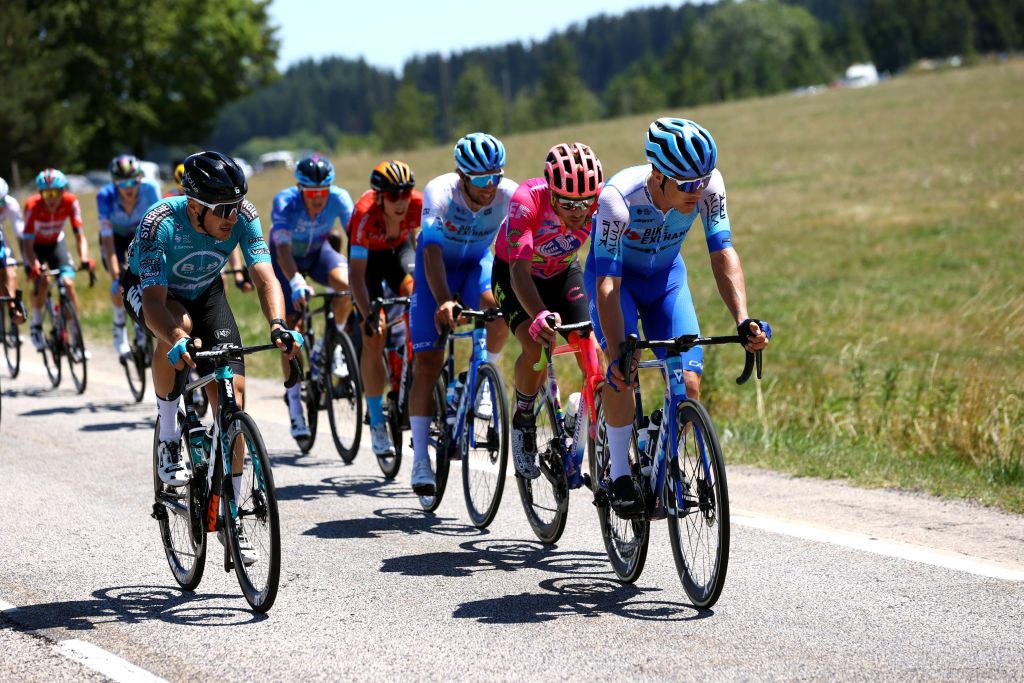 MENDE FRANCE JULY 16 LR Franck Bonnamour of France and Team BB Hotels PB KTM Alberto Bettiol of Italy and Team EF Education Easypost and Christopher Juul Jensen of Denmark and Team BikeExchange Jayco compete during the 109th Tour de France 2022 Stage 14 a 1925km stage from SaintEtienne to Mende 1009m TDF2022 WorldTour on July 16 2022 in Mende France Photo by Michael SteeleGetty Images