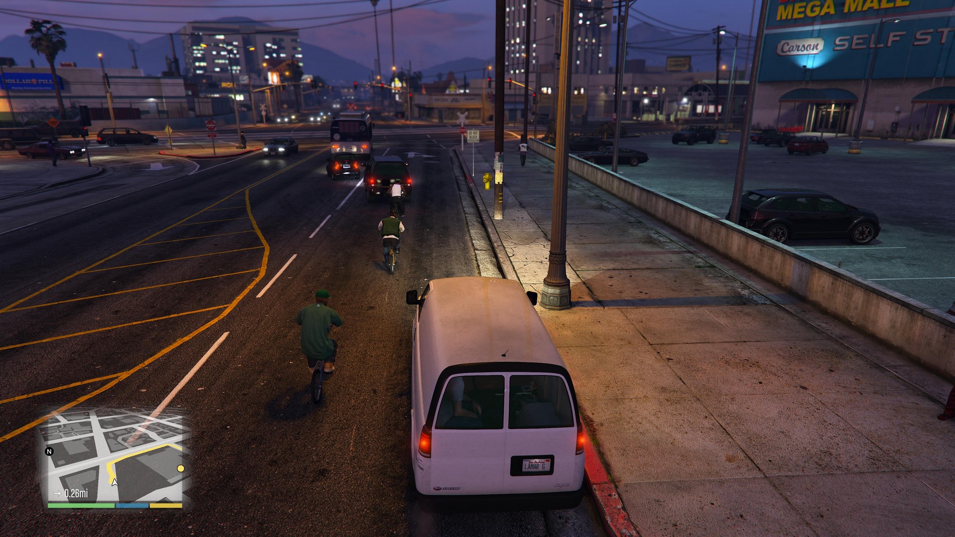 Driving a van in the Hood Safari GTA 5 mission past characters who resemble CJ and the rest of the Grove Street crew on bicycles