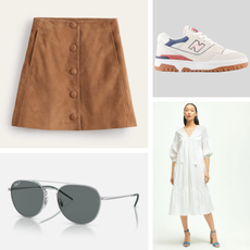 Collage of boden skirt, new balance sneakers, ray-ban sunglasses, brooks brothers dress, 