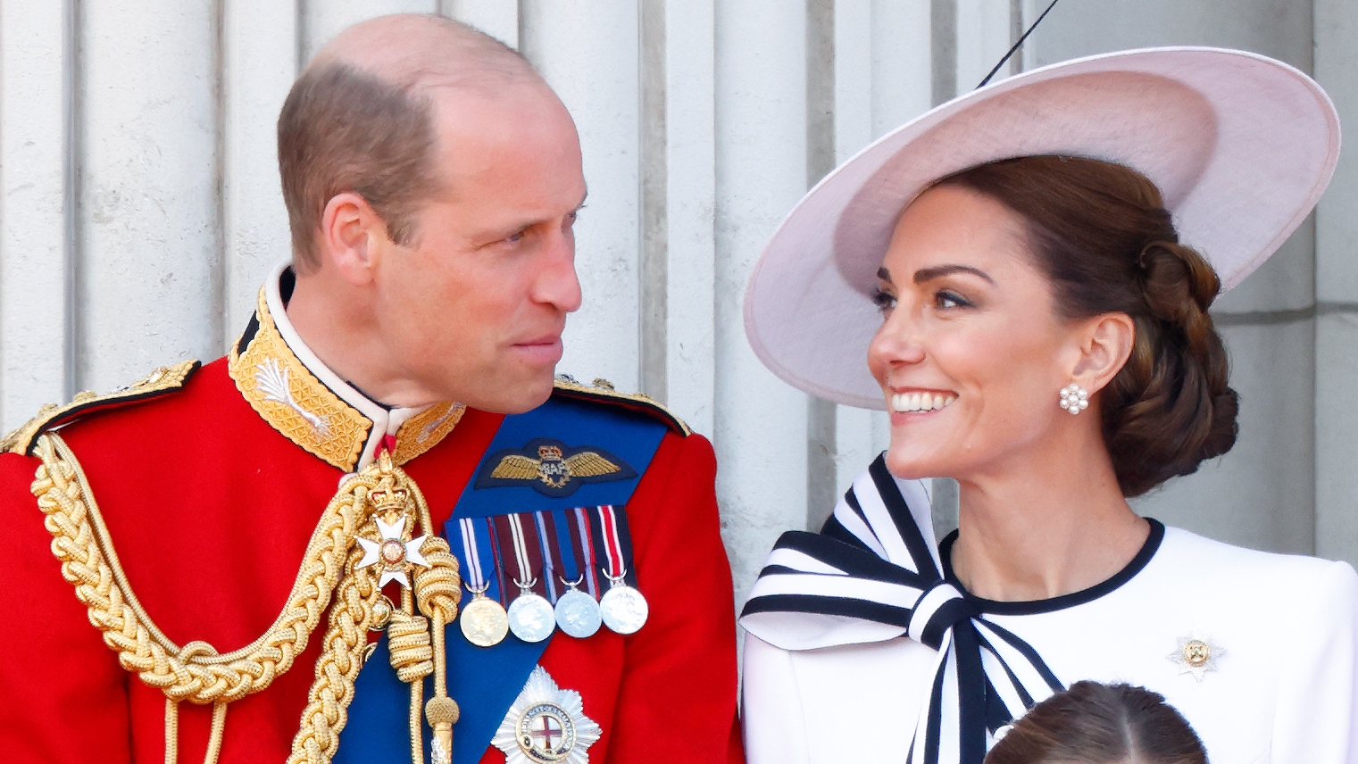 Prince William and Catherine, Princess of Wales watch an RAF flypast from the balcony of Buckingham Palace after attending Trooping the Colour on June 15, 2024