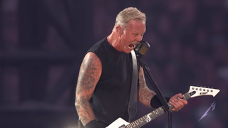 A picture of Metallica's James Hetfield performing live in New Jersey in August 2023