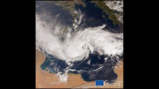 Europe is set to experience more frequent extreme weather events as a result of the speedy warming. This is an image of a rare hurricane-like storm that formed above the Mediterranean Sea in September 2021.