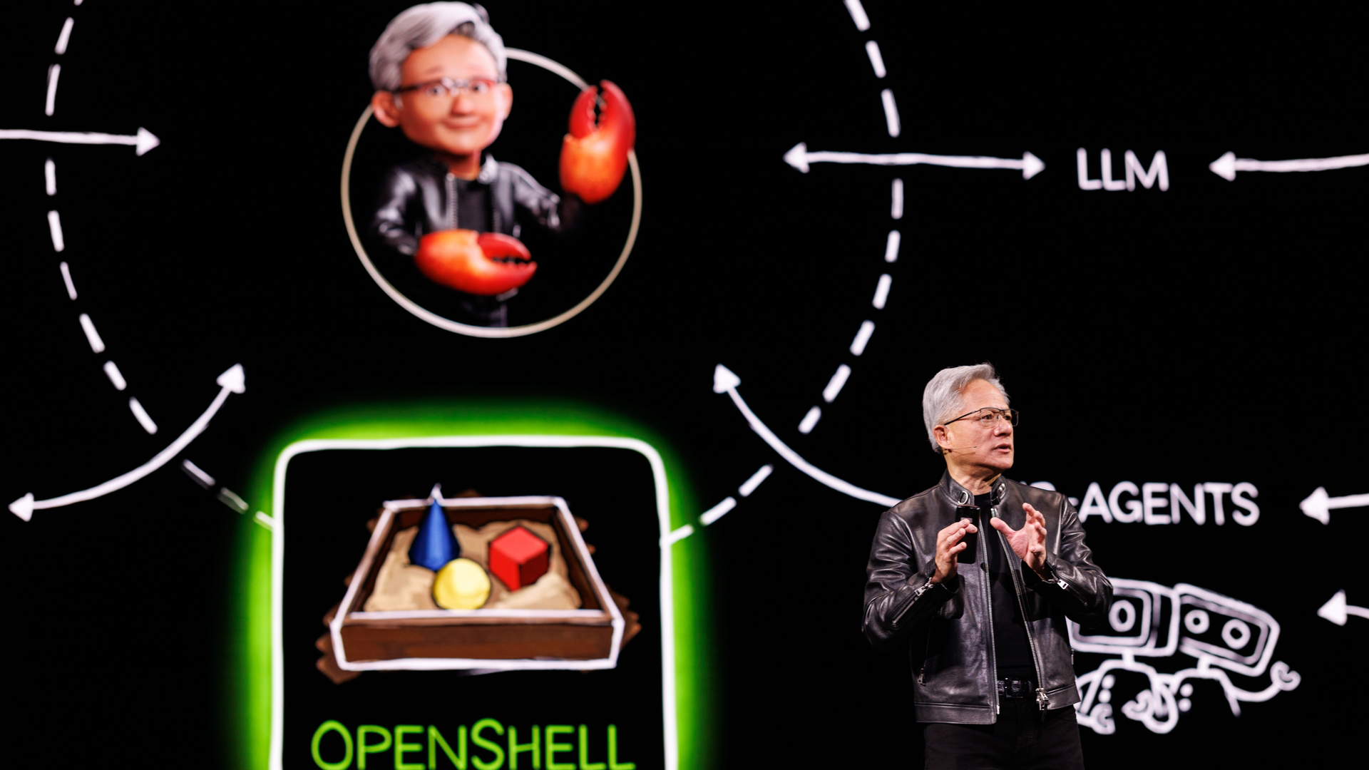 Nvidia CEO Jensen Huang pictured on stage during his opening keynote presentation at Nvidia GTC 2026 in San Jose, California.
