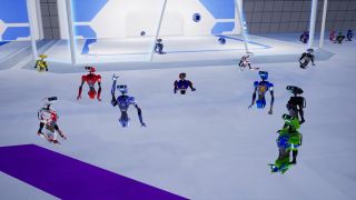 Screenshot from the Orion Drift trailer showing a group of robots pointing at the sky