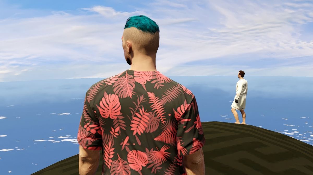 Two GTA Online figures on a hill overlooking the water