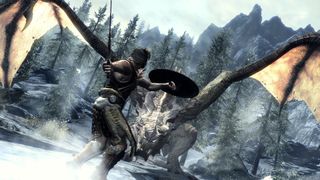 Fighting a dragon with a sword and shield in Skyrim