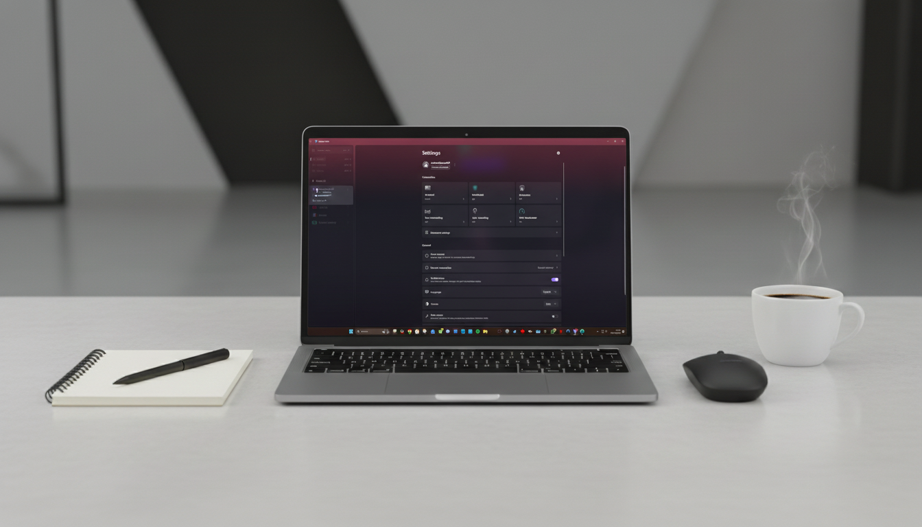 Proton VPN Windows settings screen on laptop at formal desk with coffee
