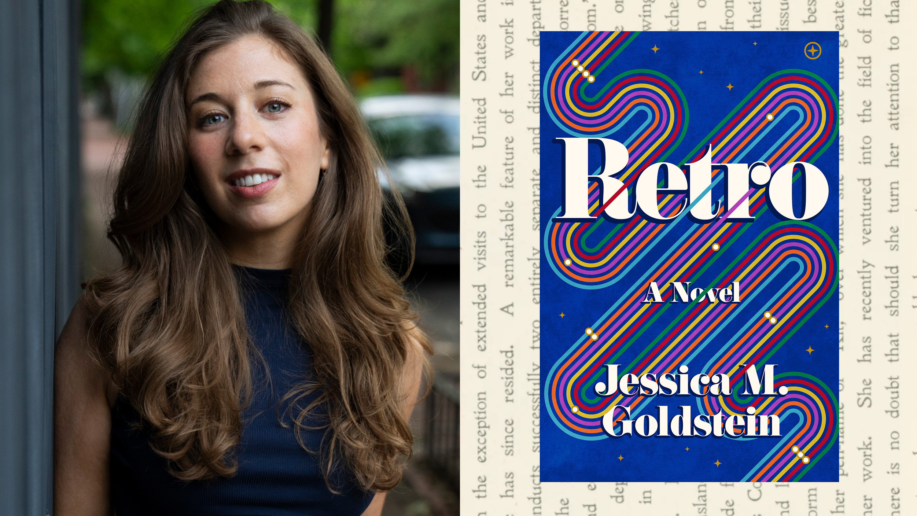 author jess goldstein's headshot of her standing on a street leaning against a building opposite the cover of her novel retro 