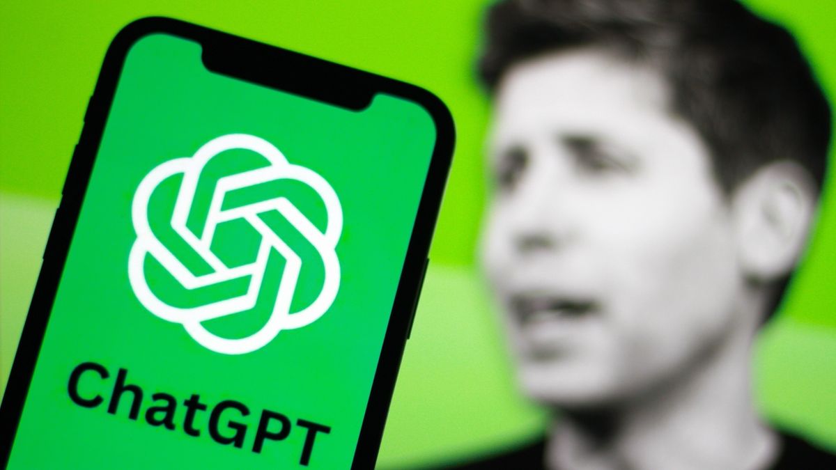 chatgpt logo on phone and blurred image of Sam Altman