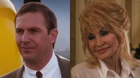 Kevin Costner and Dolly Parton in a side-by-side photo.