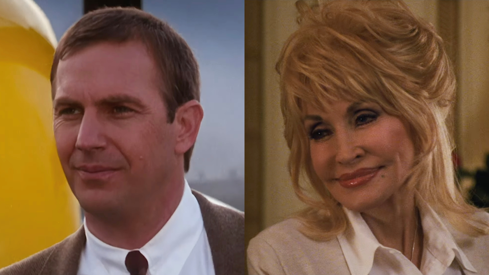 Kevin Costner and Dolly Parton in a side-by-side photo.