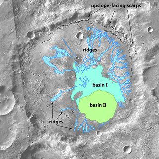 Ben Boatwright, Ph.D. student at Brown University, led a study about an unnamed Martian crater's ancient source of water. The team concluded that top-down snowmelt from an ancient glacier created the ridges at the crater's floor. This is a map of how the snowmelt may have moved throughout the basin.