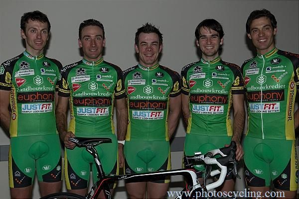 Davy Commeyne, Bert De Waele, Kevin Claeys, Baptiste Planckaert and Sven Vanthourenhout at the Landbouwkrediet-Euphony presentation.