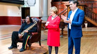 Portraits Artist of the Year hosts Joan Bakewall and Stephen Mangan with jazz star Courtney Pine