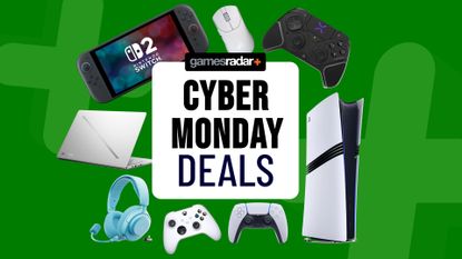 PS5, Nintendo Switch, and Xbox accessories on a green background with Cyber Monday deals badge