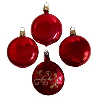 Red Mercury Glass Flattened Ball Hand Painted Christmas Tree Ornament Lot of 4