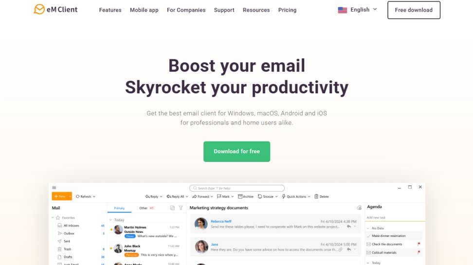 eM Client website screenshot (June 2025).