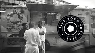 A black-and-white street photography image of a NYC food truck with the 5 Boro Foto Fest logo
