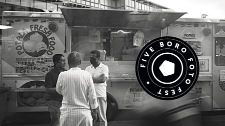 A black-and-white street photography image of a NYC food truck with the 5 Boro Foto Fest logo