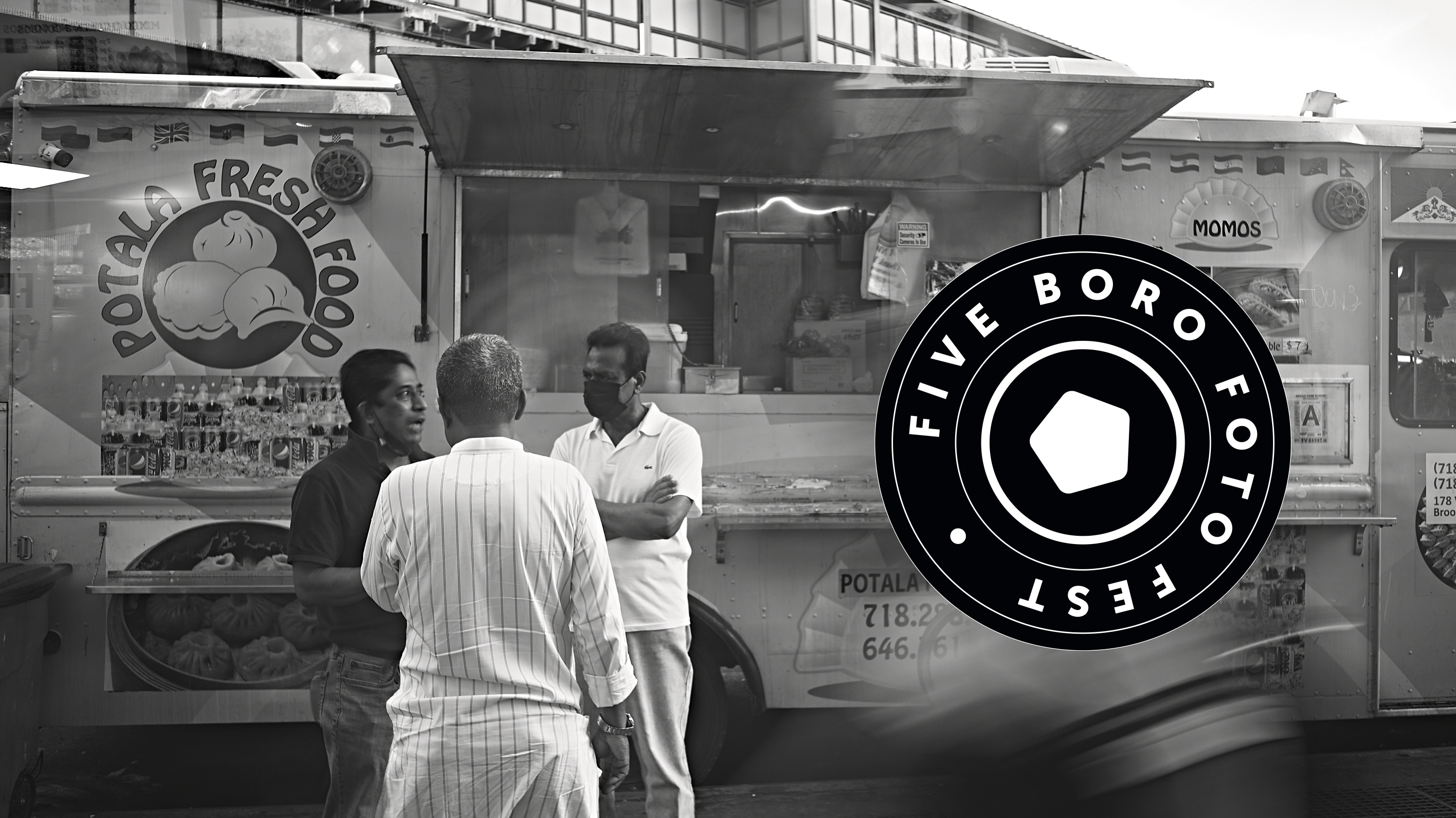 A black-and-white street photography image of a NYC food truck with the 5 Boro Foto Fest logo