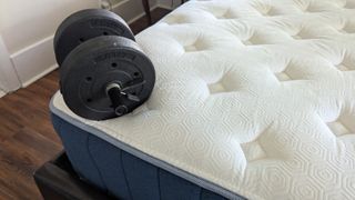 Testing the edge support of the Bear Elite Hybrid by placing a 15lb dumbbell on the corner of the mattress