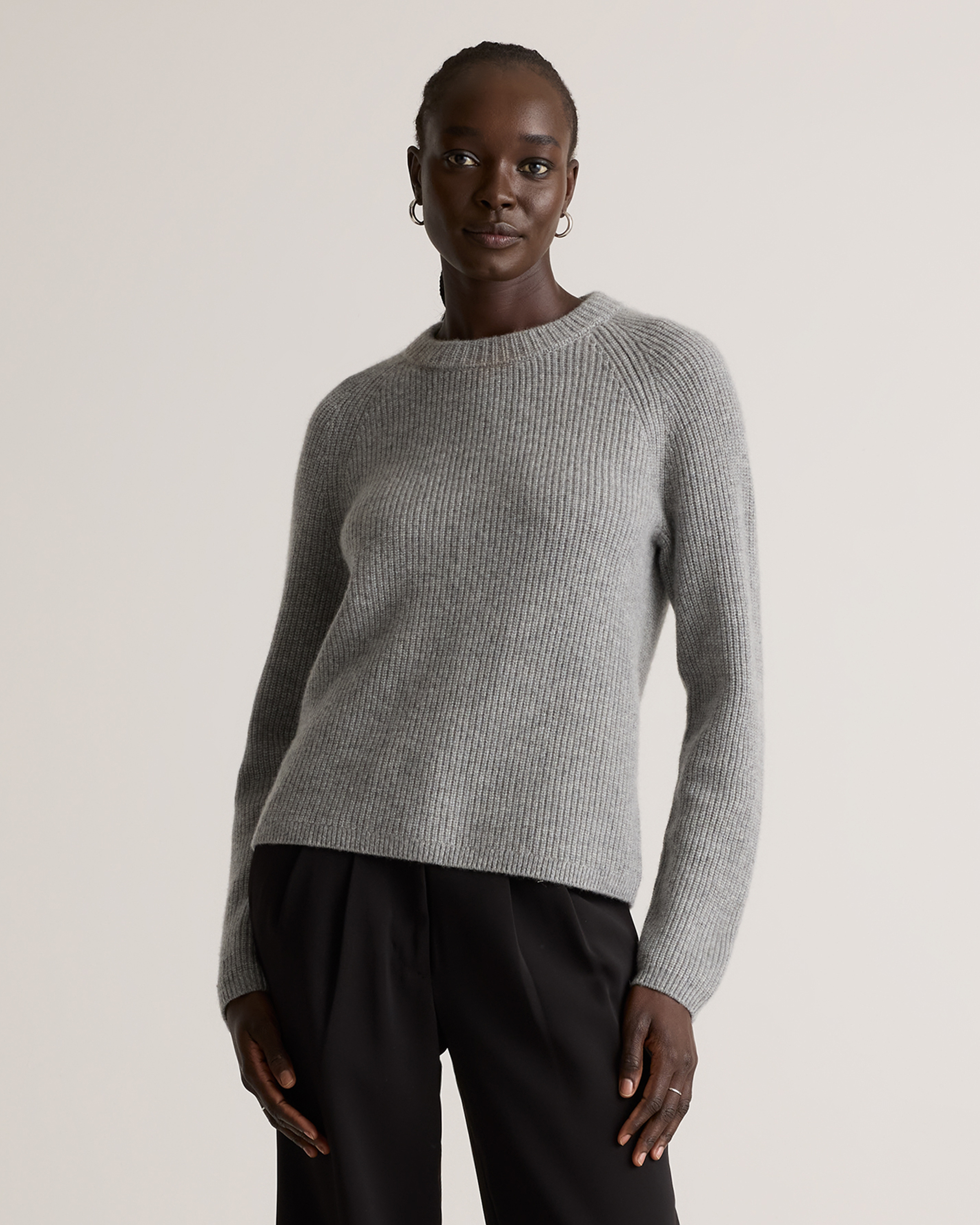 Mongolian Cashmere Fisherman Crewneck Sweater in Heather Grey