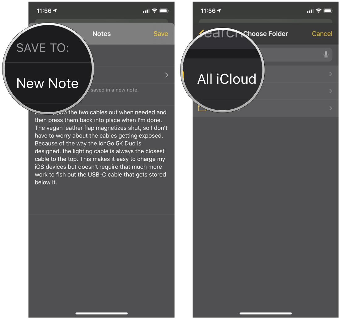 Add text from Safari or Chrome to Notes by showing steps: Tap New Note, choose Folder you want to save note in