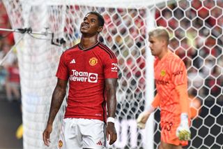 Marcus Rashford #10 of Manchester United reacts to missing a shot during a preseason friendly match against Borussia Dortmund at Allegiant Stadium on July 30, 2023 in Las Vegas, Nevada. (Photo by Candice Ward/Getty Images)