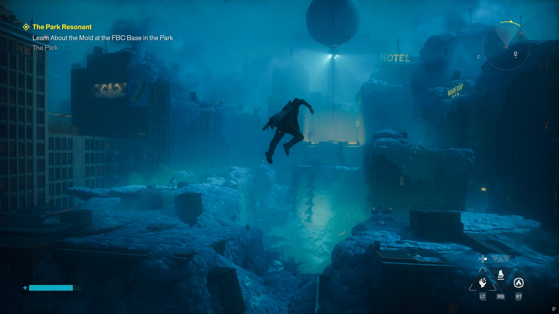 Dylan floats about the Park towards an FBC base in Control Resonant, which is covered in blue mold and lit by eerie lights in a mist