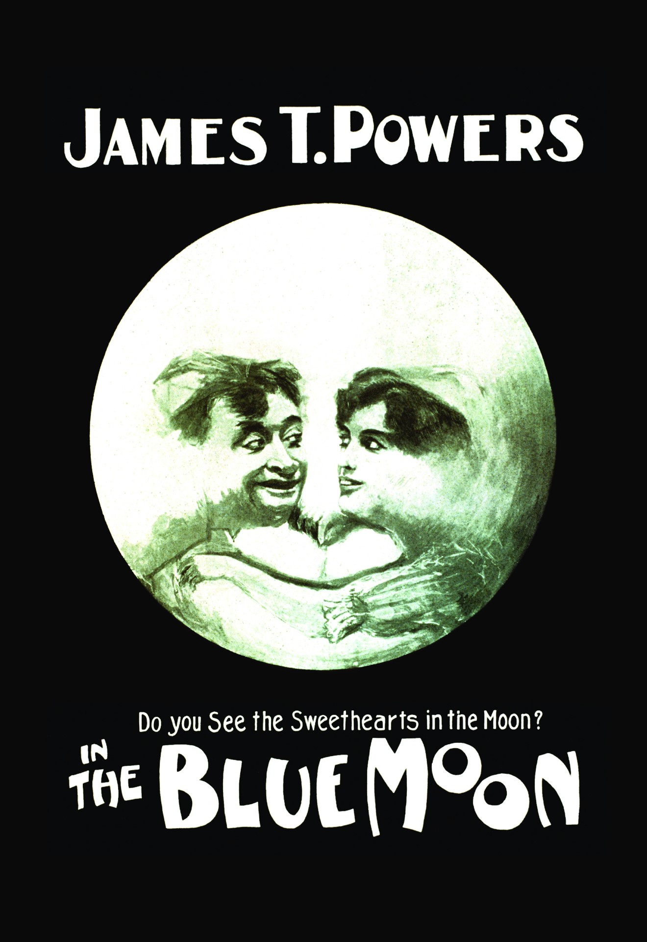 a vintage advertisement shows two people's faces and shoulders forming a smiling face inside a moon above the text 'do you see the sweethearts in the moon?'