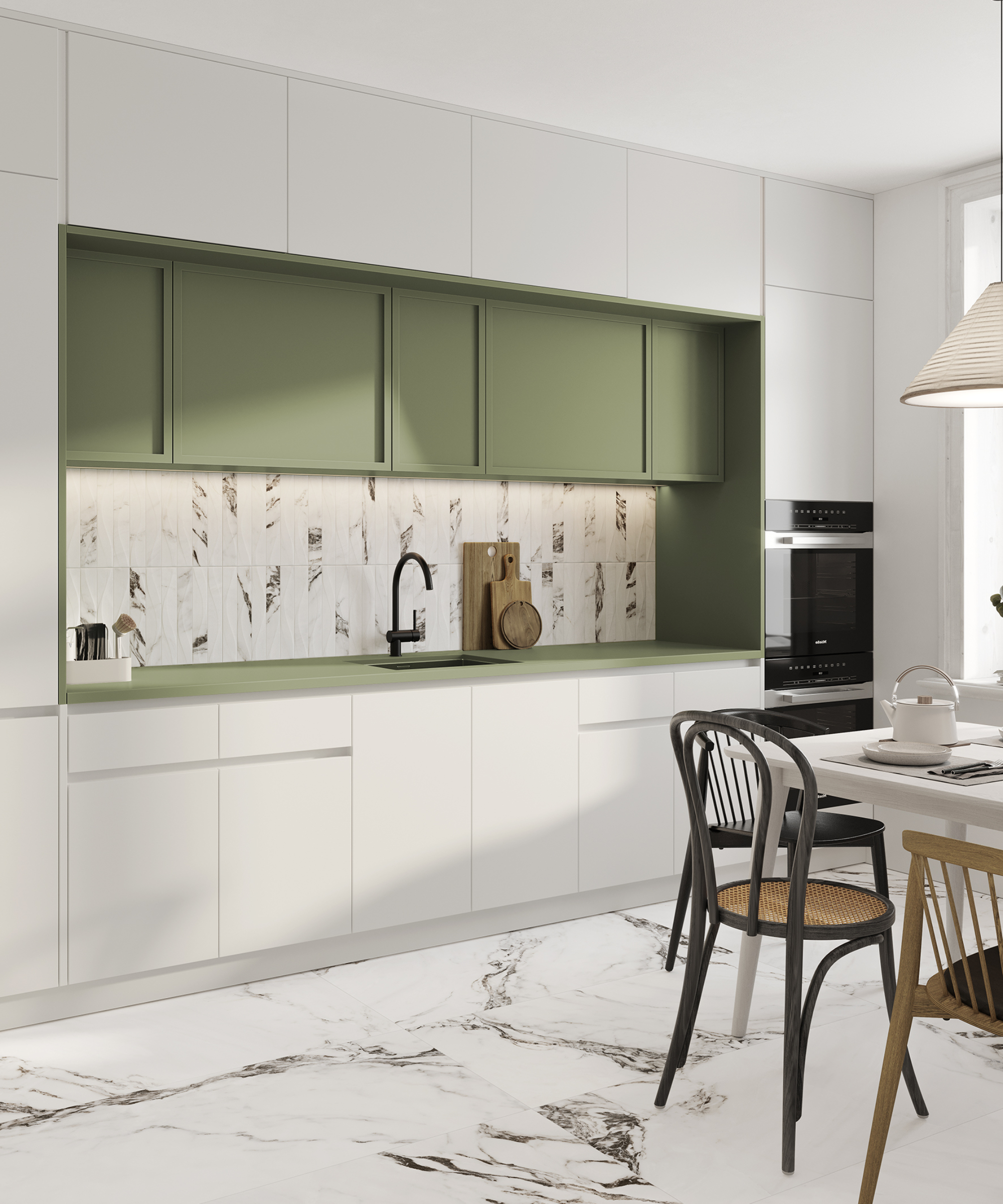 white kitchen units, marble tiled splashback with green worktop, side panels and backsplash detail above sink area