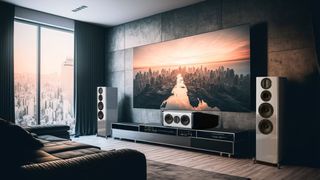 White Wharfedale Aura speakers next to a big TV