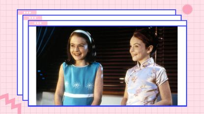 Lindsey Lohan pictured as Hallie and Annie in the film, The Parent Trap/ in a pink check template