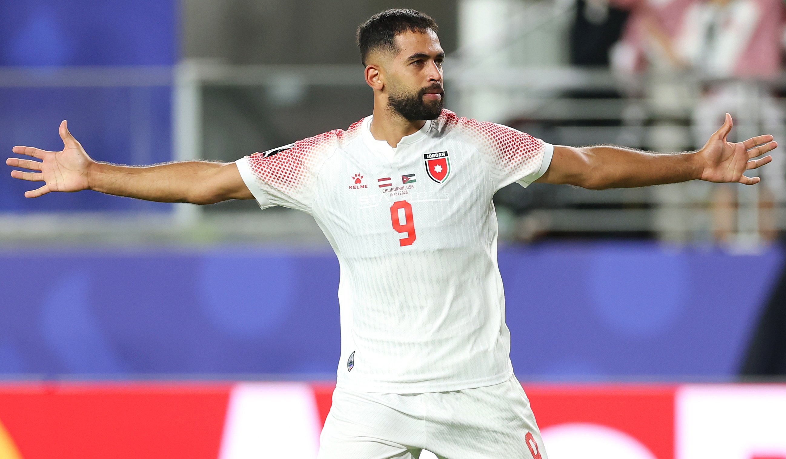 Ali Olwan of Jordan celebrates scoring his team's first goal during the FIFA World Cup 2026 Group J match against Austria at San Francisco Bay Area Stadium on June 16, 2026 in Santa Clara, California
