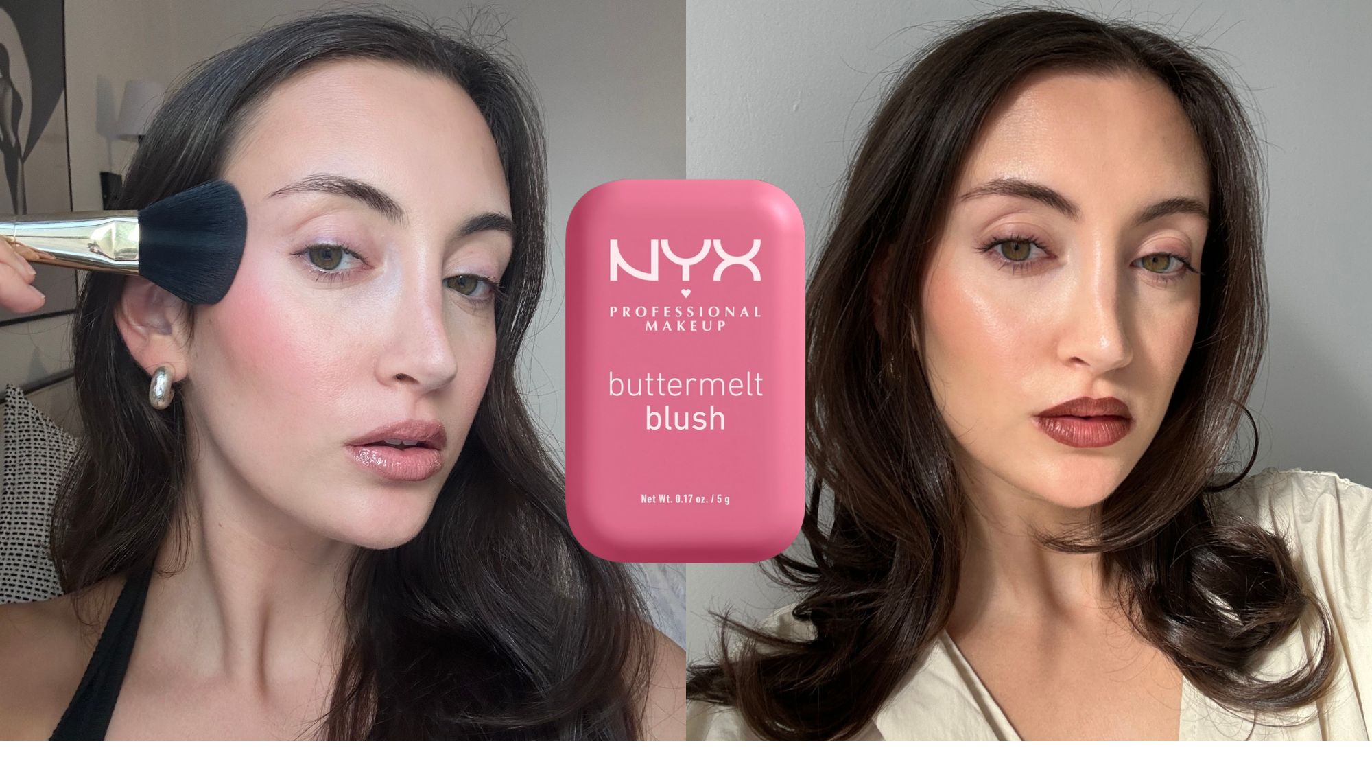 Alyssa Brascia wearing and applying blush.