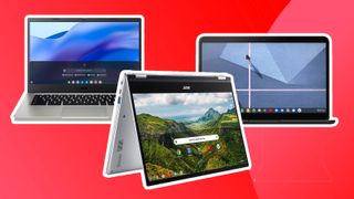 Best chromebooks for cricut; three chromebooks on a red background