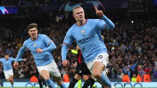 Erling Haaland of Manchester City celebrates scoring the 1st goal during the UEFA Champions League