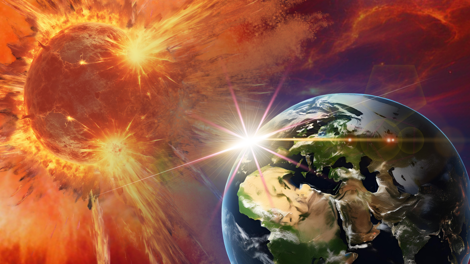 a fiery explosion in space just behind earth