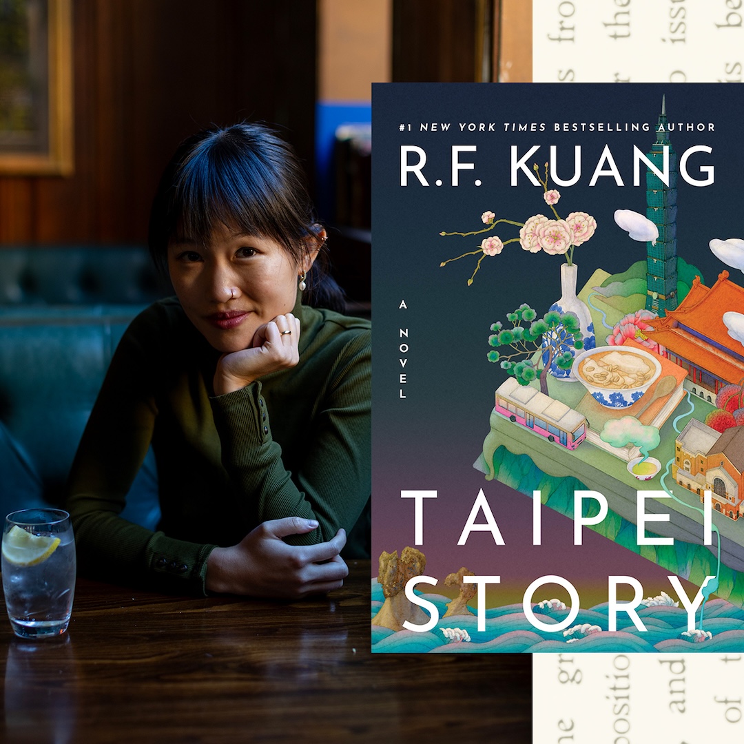 A split image of author R.F. Kuang, resting her head on her hand while sitting with her shoulder propped on a restaurant booth table, next to the cover art for 'Taipei Story.'