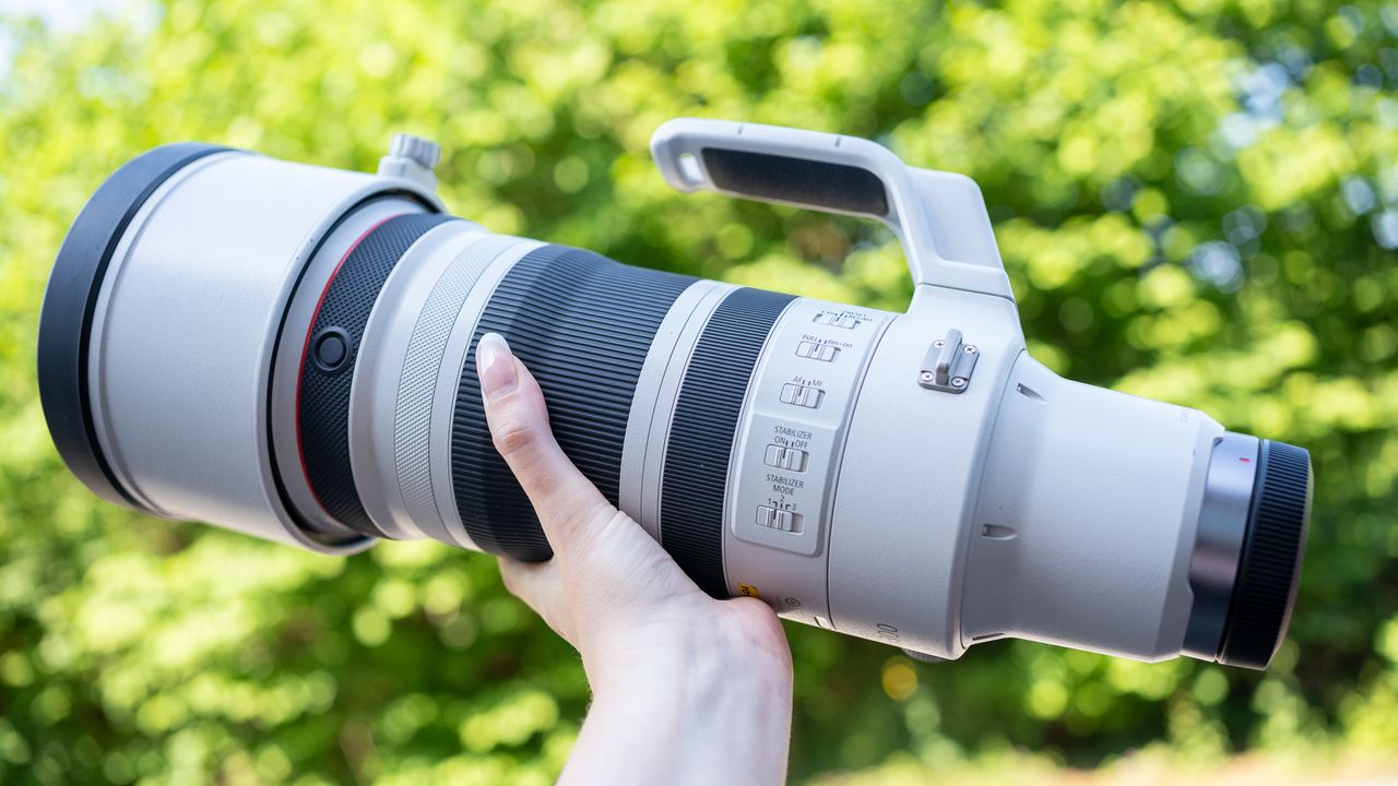 Canon RF 100-300mm f/2.8L IS USM lens against green foliage