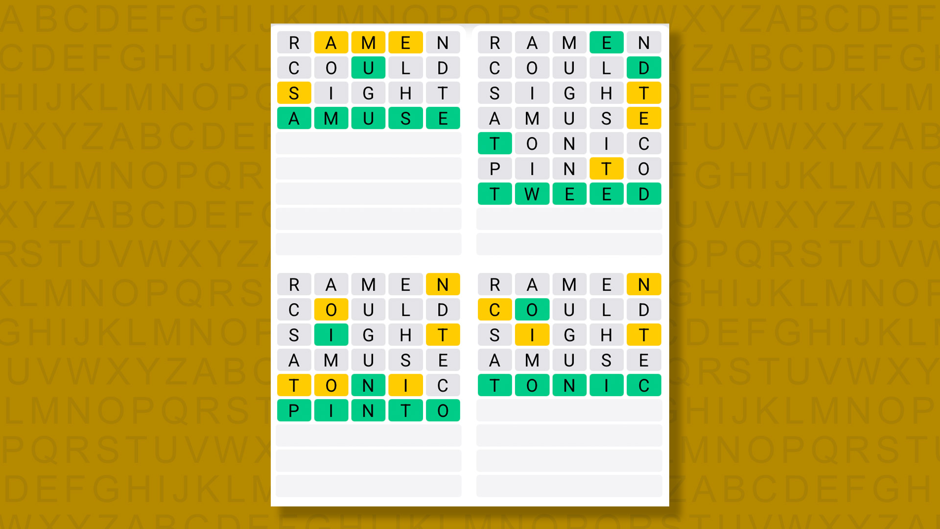 Quordle answers for game 1343 on a yellow background