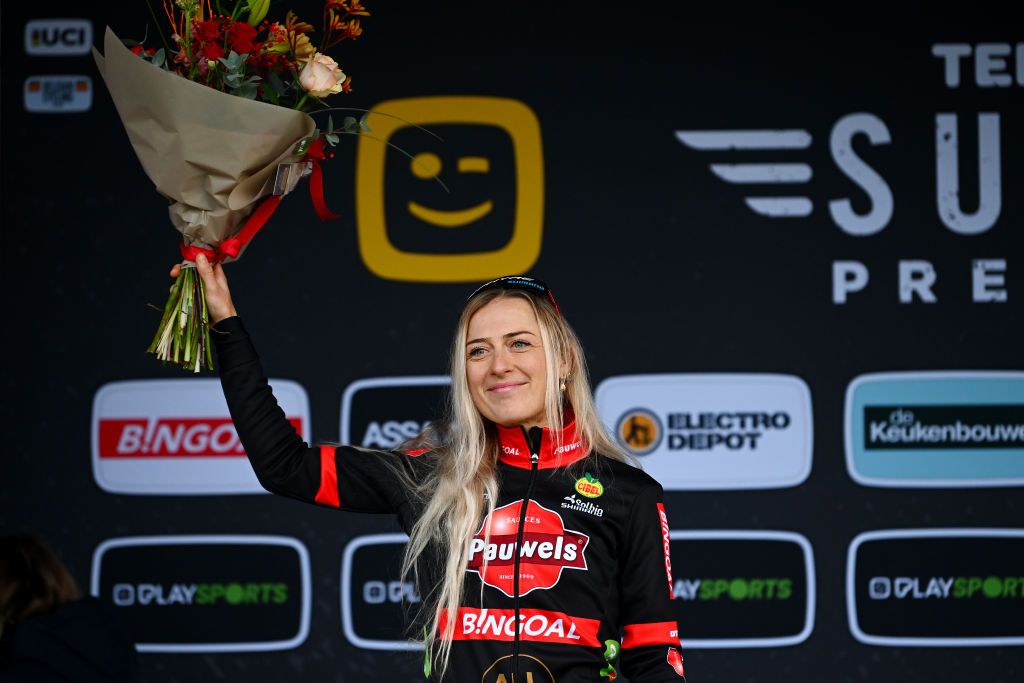 RIJKEVORSEL BELGIUM NOVEMBER 19 Denise Betsema of The Netherlands and Team Pauwel Sauzen Bingoal celebrates at podium as second place during the 36th Superprestige Merksplas 2022 Womens Elite Superprestige2023 CXWorldCup CycloCross on November 19 2022 in Rijkevorsel Belgium Photo by Luc ClaessenGetty Images