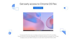 A screenshot of Google's Chrome OS Flex homepage, showing the desktop and encouraging users to sign up