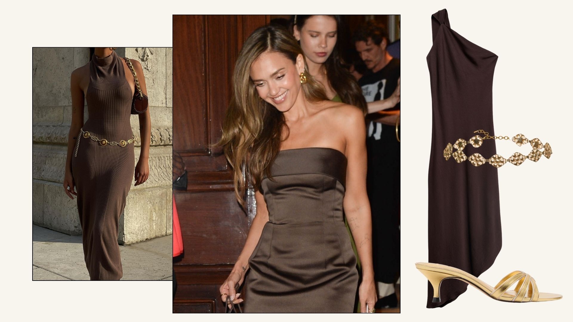 Influencer and Jessica Alba wear the brown and gold colour combination.