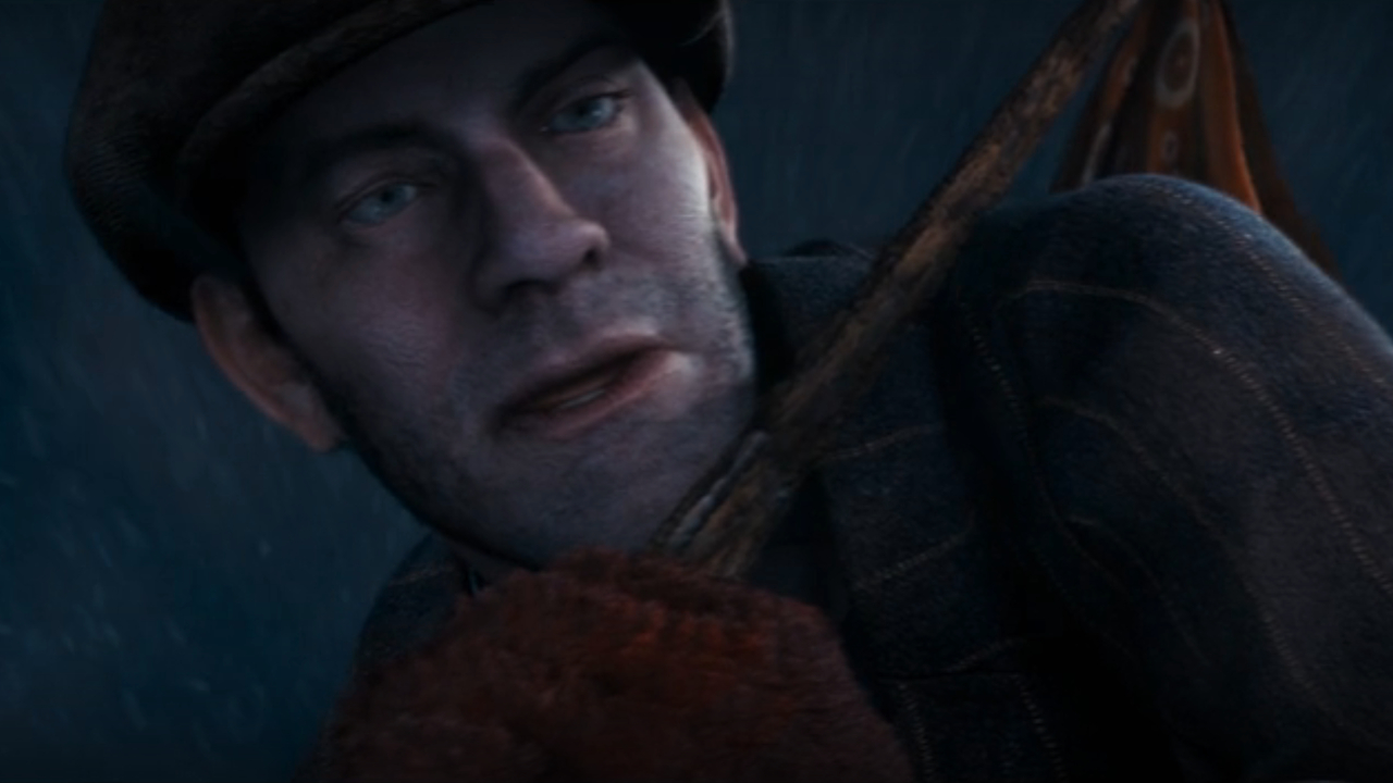 El Hobo mira hacia la cámara en The Polar Express.